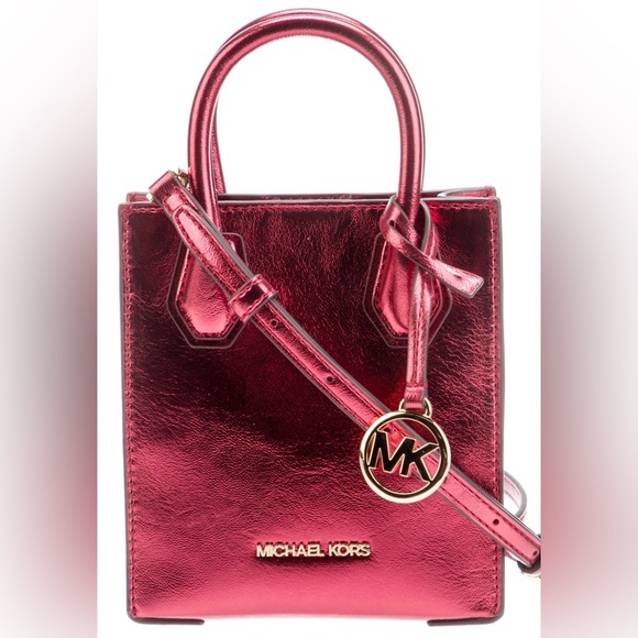 Michael Kors Handbags - NWT Michael Kors Mercer XS North South Shopper Crossbody in Metallic Crimson Red